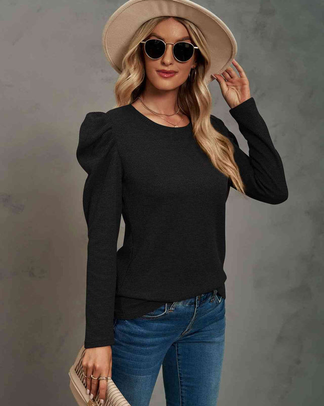 Waffle-Knit Puff Sleeve Round Neck Top