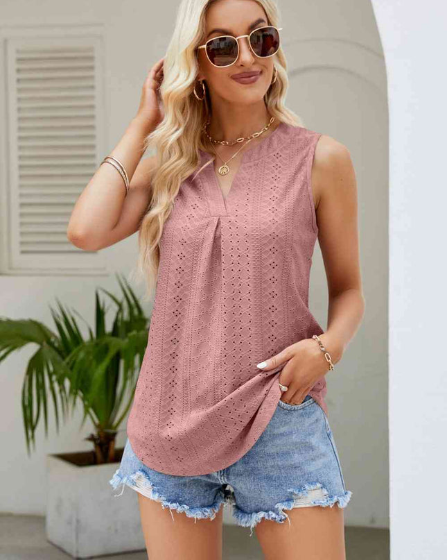 Notched Neck Curved Hem Eyelet Tank