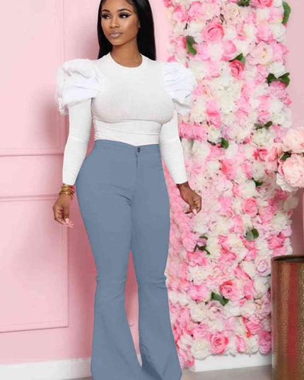 Leg-Of-Mutton Sleeve Top and Flare Pants Set