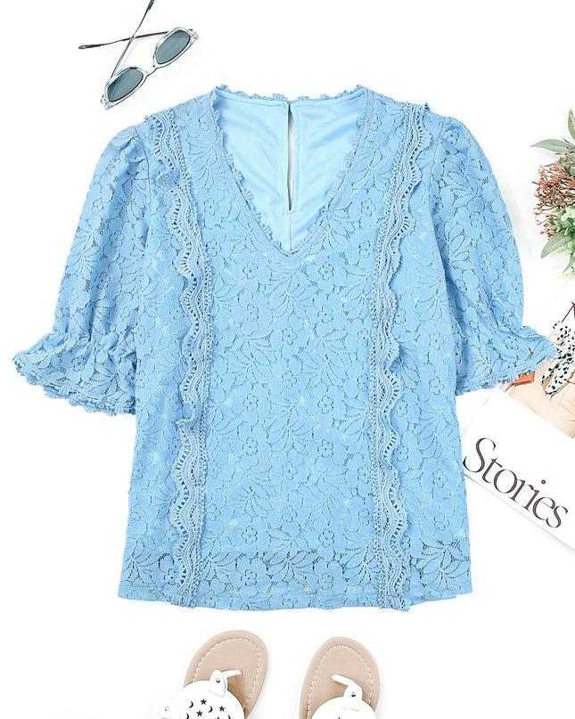 Lace V-Neck Flounce Sleeve Top