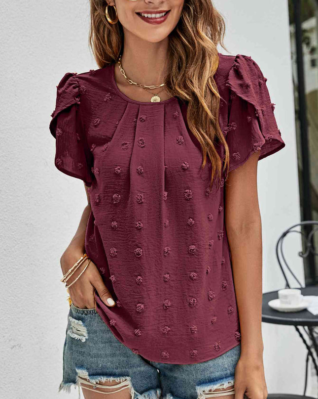 Swiss Dot Round Neck Petal Sleeve Top
