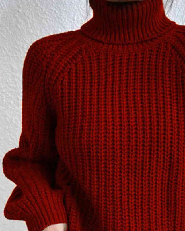 Full Size Turtleneck Rib-Knit Slit Sweater