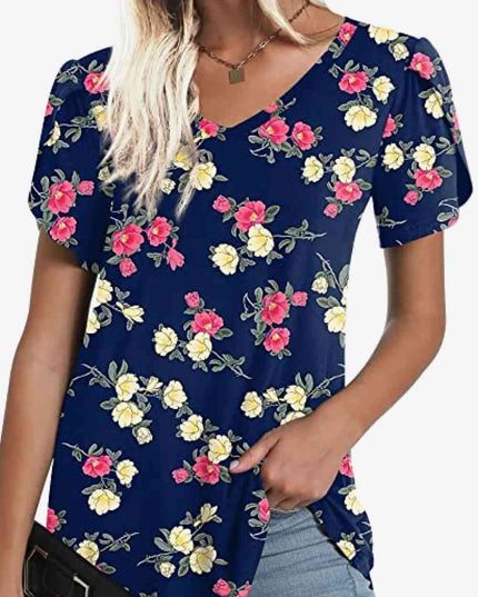 Printed Petal Sleeve V-Neck Blouse