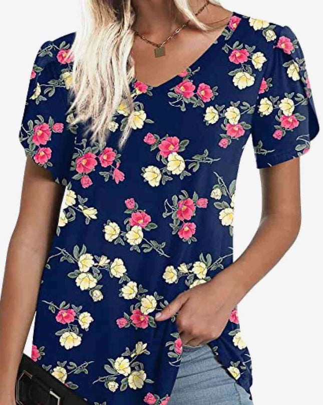 Printed Petal Sleeve V-Neck Blouse