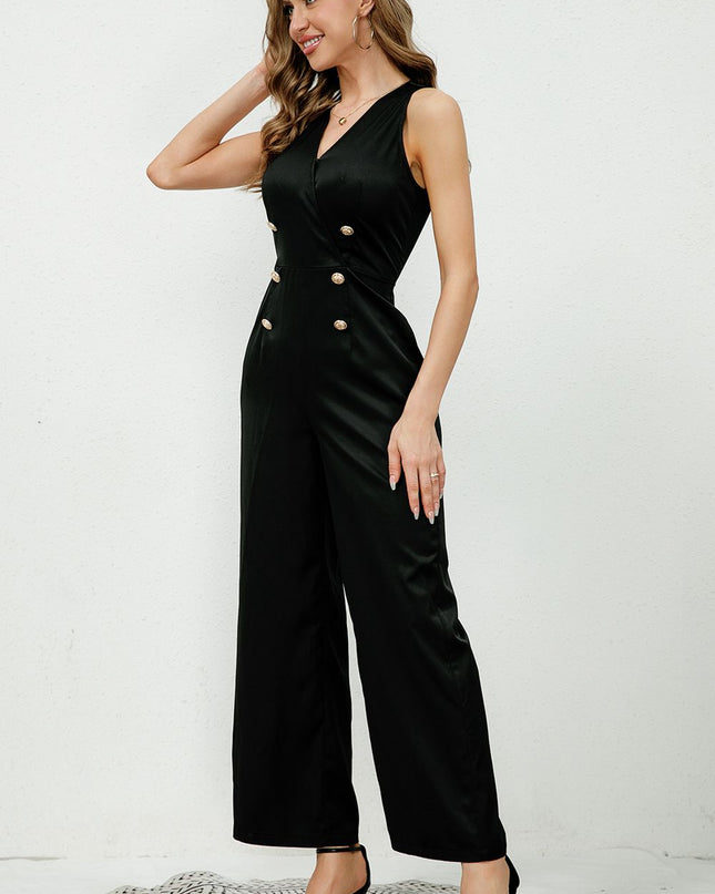 V-Neck Sleeveless Decorative Buttons Jumpsuit