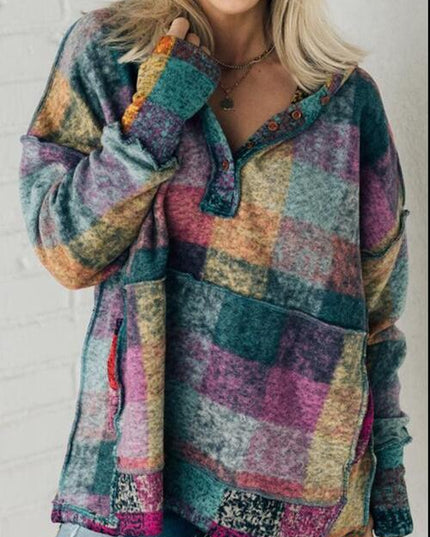 Multicolor Brushed Plaid Buttoned Pullover Oversized Hoodie