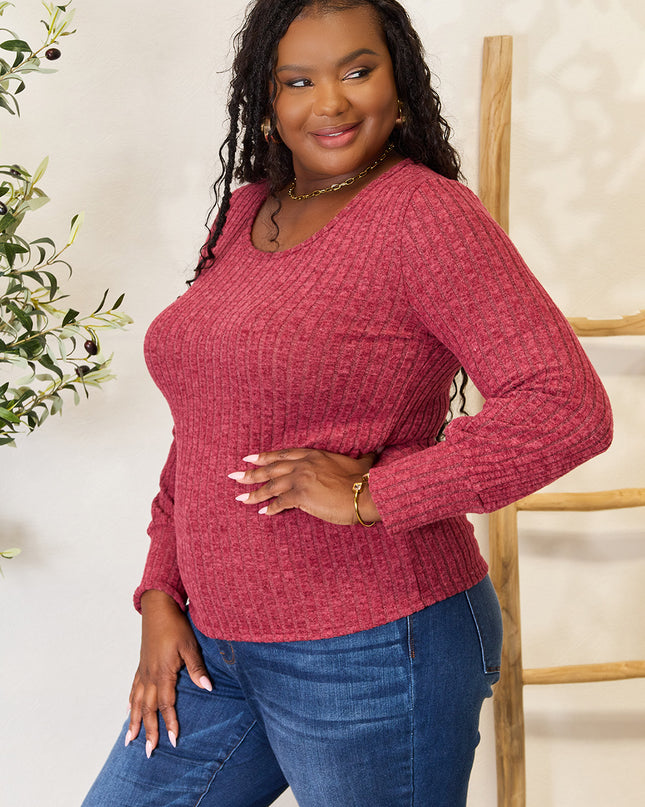 Double Take Ribbed Round Neck Lantern Sleeve Blouse