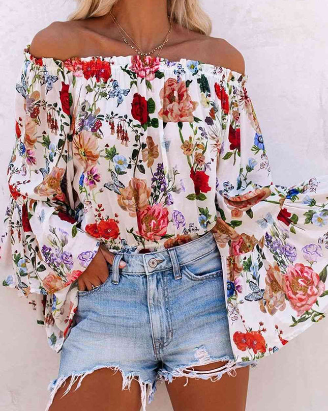 Printed Off Shoulder Flare Sleeve Blouse