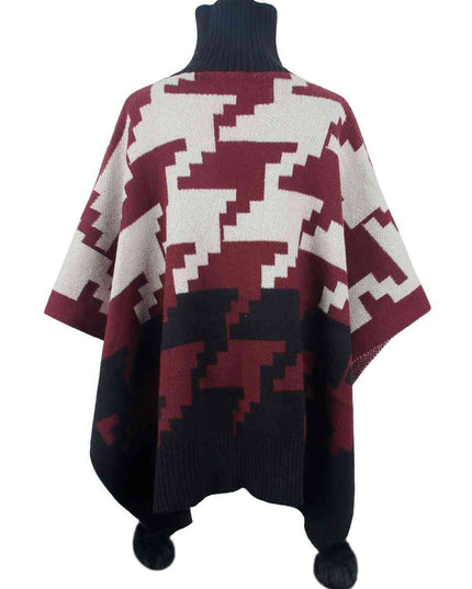 Turtleneck Pom-Pom Trim Poncho