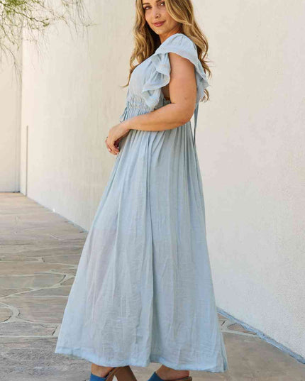 Sweet Lovely By Jen Full Size Drawstring Deep V Butterfly Sleeve Maxi Dress