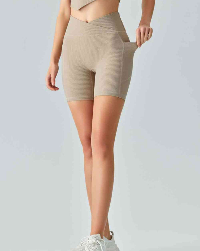 V-Waist Ribbed Sports Biker Shorts with Pockets