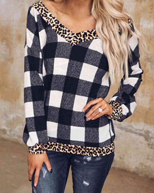 Plaid Leopard V-Neck Sweatshirt