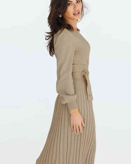 Round Neck Long Sleeve Pleated Sweater Dress