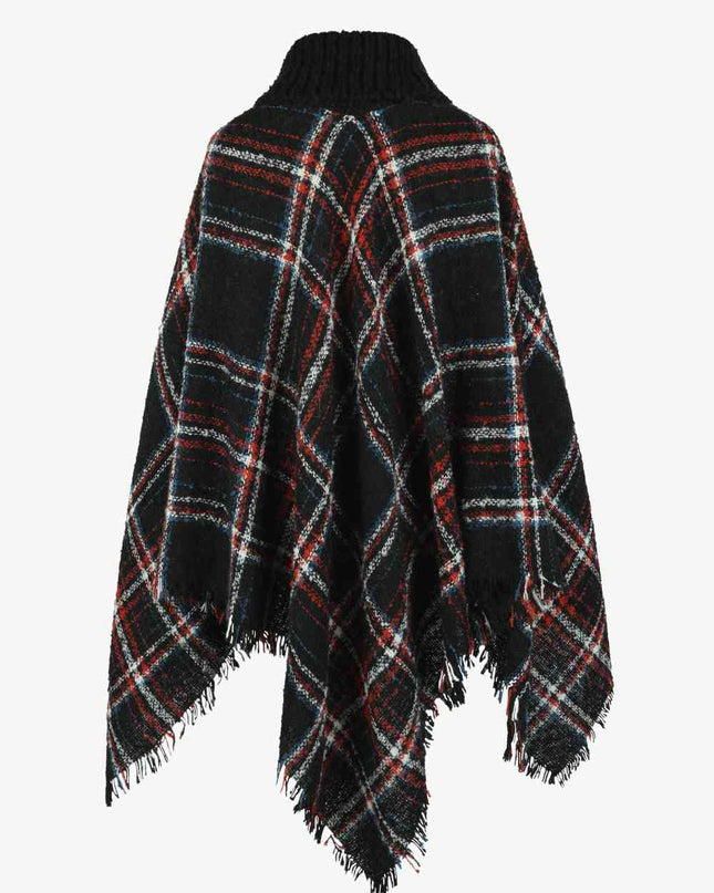 Plaid Turtleneck Fringe Hem Poncho