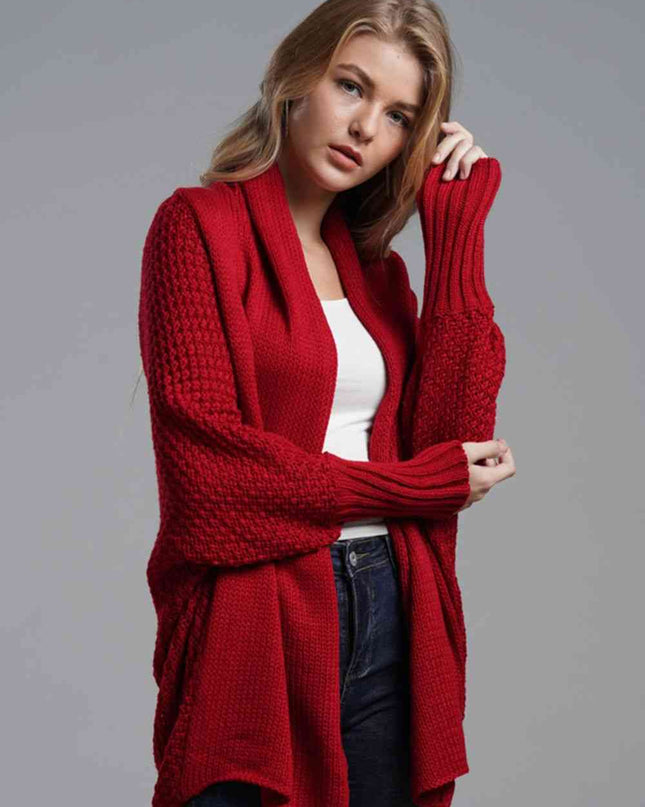 Double Take Dolman Sleeve Open Front Ribbed Trim Longline Cardigan
