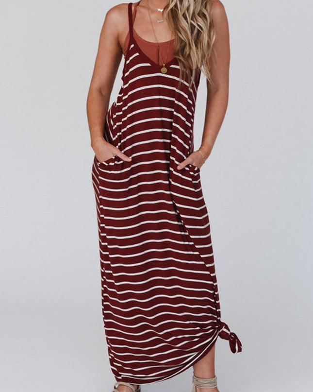 Pocketed Striped Scoop Neck Maxi Cami Dress