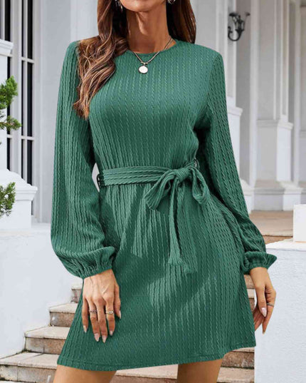 Round Neck Tie Front Long Sleeve Dress