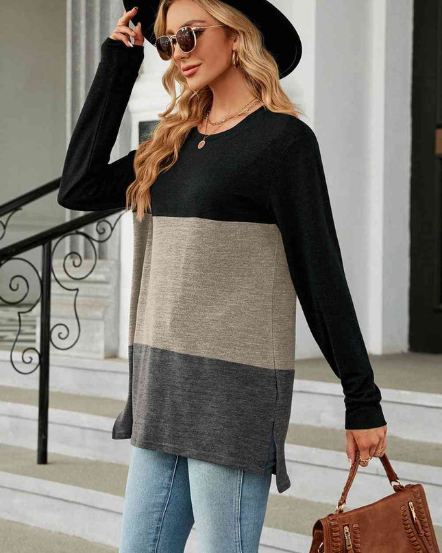 Color Block Round Neck Long Sleeve Slit T-Shirt