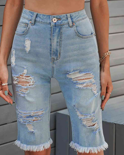 Distressed Raw Hem Denim Bermuda Shorts