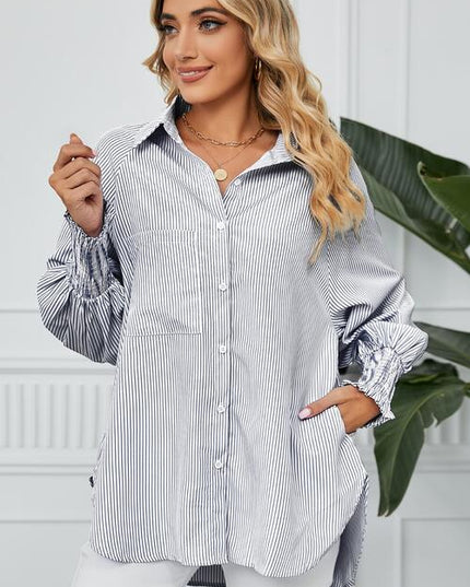 Striped Button Up Smocked Long Sleeve Shirt