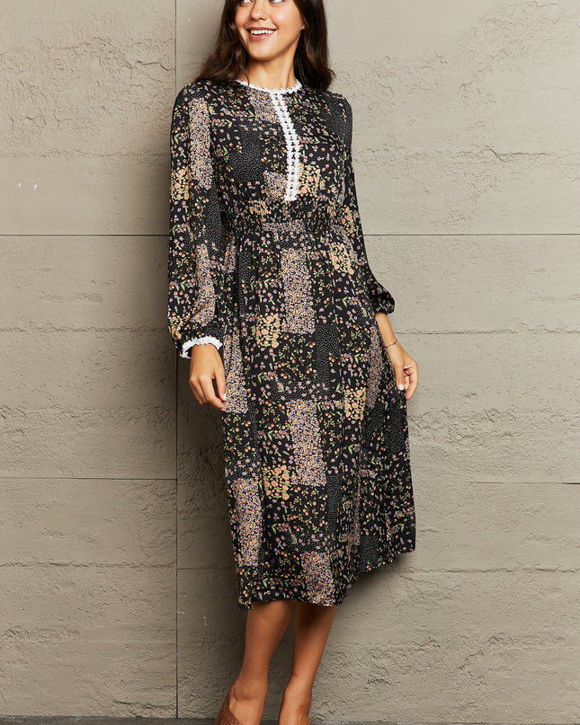 Printed Long Sleeve Round Neck Dress