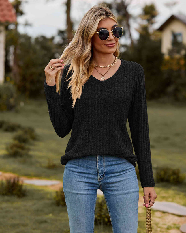 Ribbed V-Neck Long Sleeve Tee