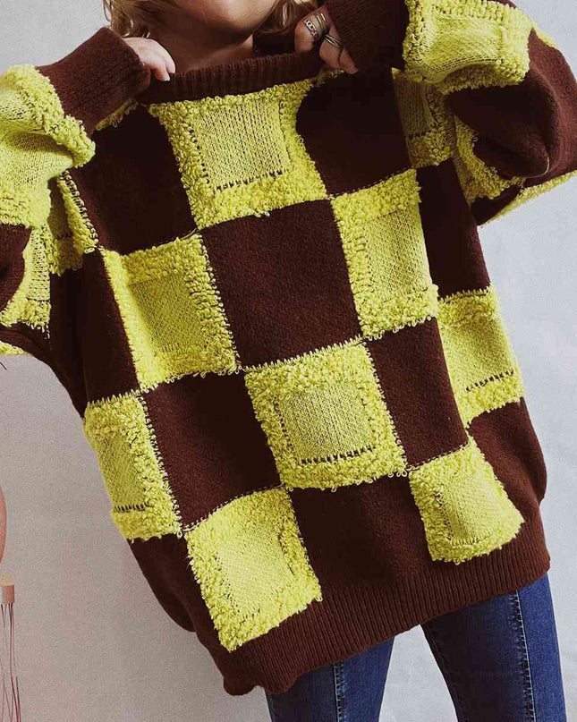 Checkered Round Neck Long Sleeve Sweater