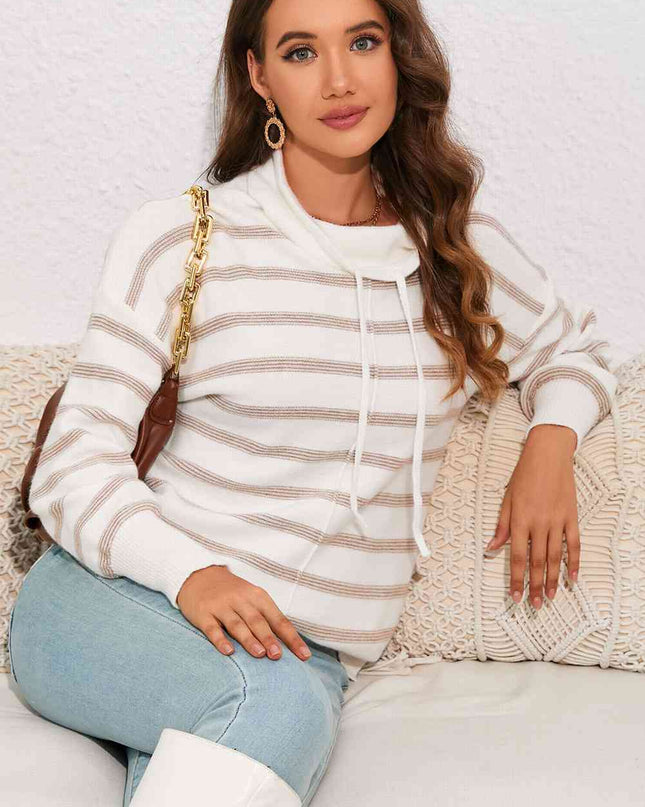Double Take Cowl Neck Drawstring Dropped Shoulder Striped Print Blouse