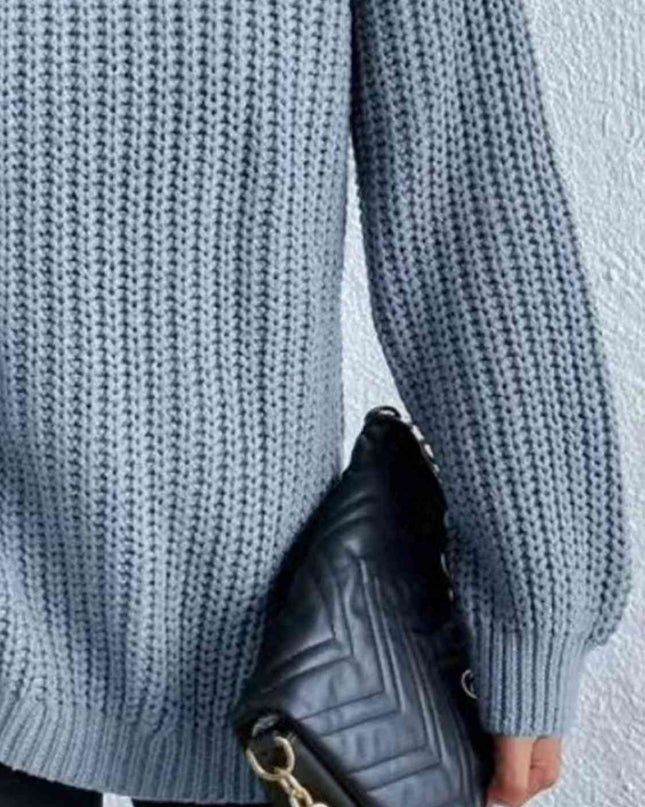 Full Size Turtleneck Rib-Knit Slit Sweater