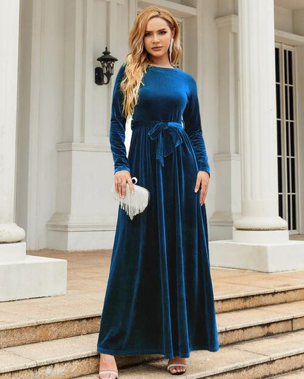 Tie Front Round Neck Long Sleeve Maxi Dress