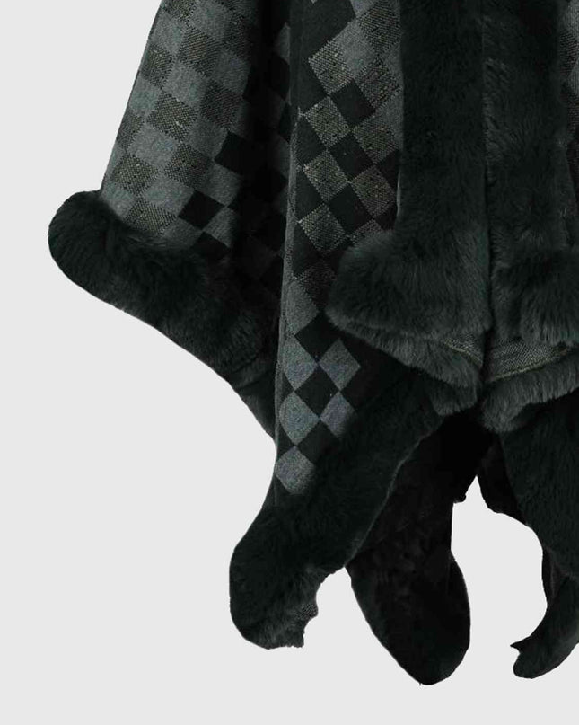 Checkered Faux Fur Trim Poncho