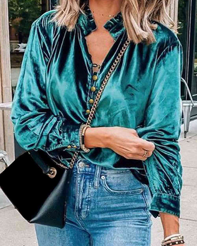 Notched Neck Buttoned Long Sleeve Velvet Blouse