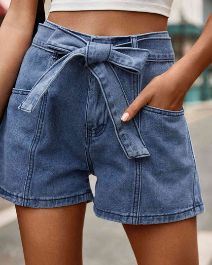 Tie Belt Denim Shorts with Pockets