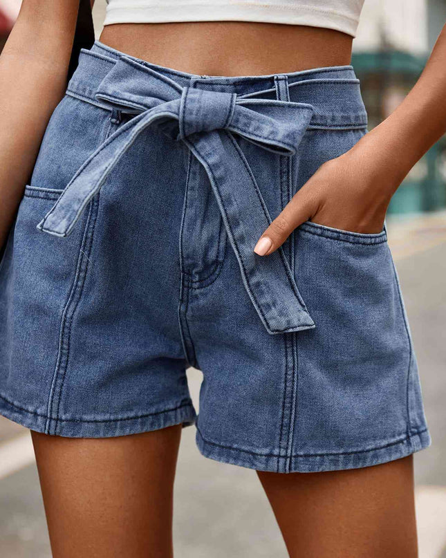 Tie Belt Denim Shorts with Pockets