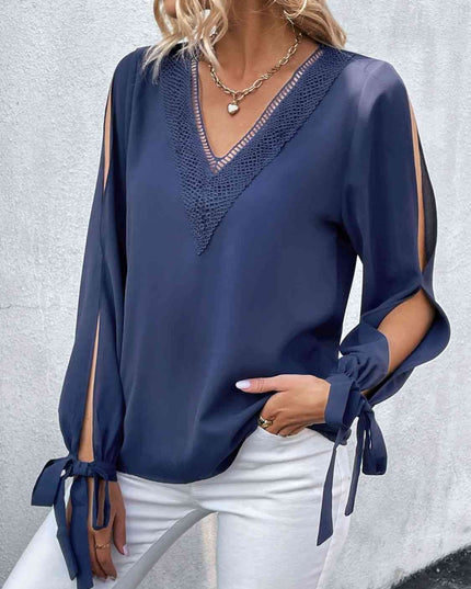 Double Take V-Neck Tie Cuff Slit Blouse