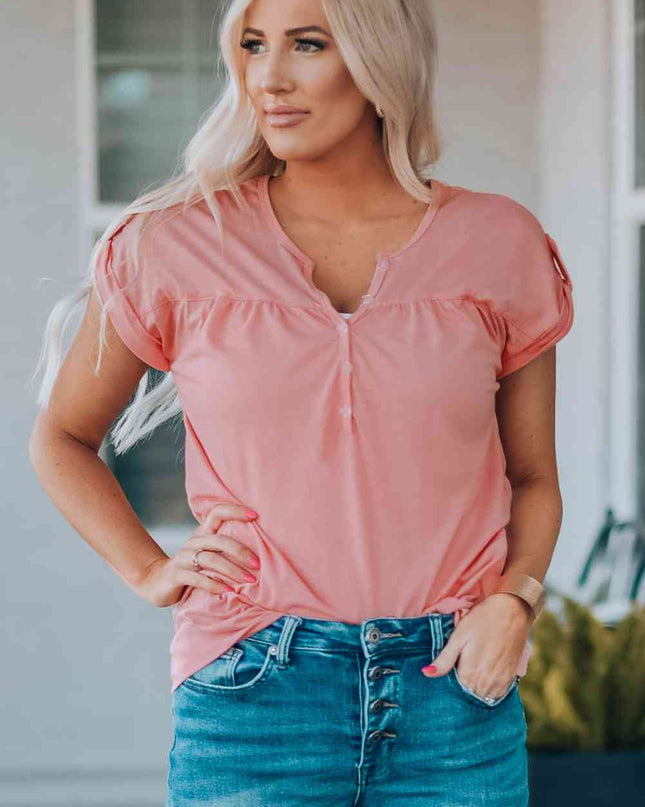 Women Buttoned Roll-Tab Sleeve Tee Shirt