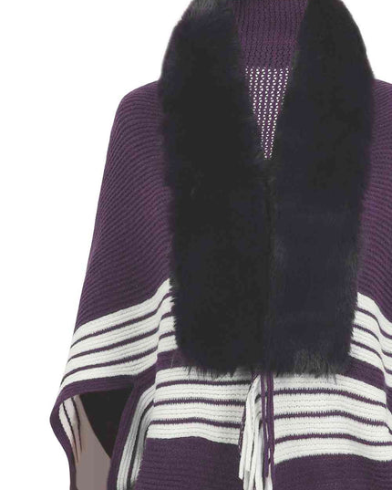 Striped Fringe Detail Long Sleeve Poncho