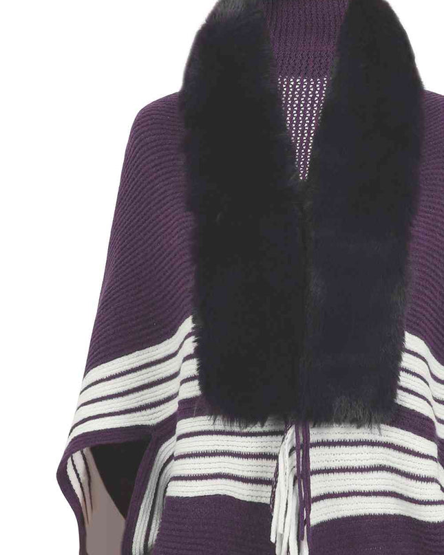 Striped Fringe Detail Long Sleeve Poncho