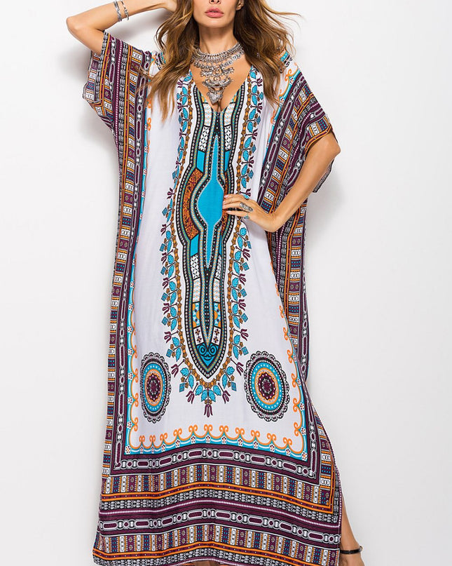 Printed V-Neck Side Slit Maxi Dress