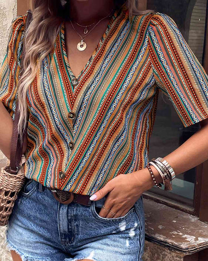Printed V-Neck Button-Up Short Sleeve Top