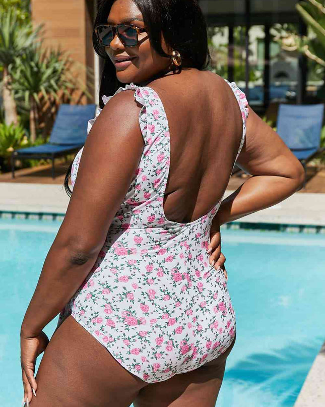 Marina West Swim Full Size Float On Ruffle Faux Wrap One-Piece in Roses Off-White