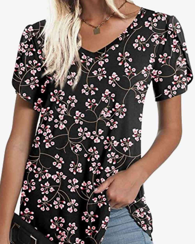 Printed Petal Sleeve V-Neck Blouse