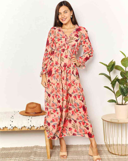 Double Take Floral Frill Trim Flounce Sleeve Plunge Maxi Dress