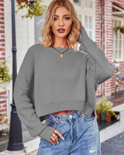 Dropped Shoulder Round Neck Long Sleeve Knit Top
