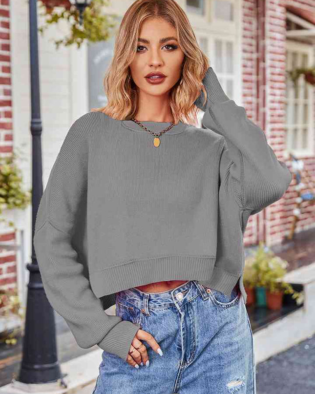 Dropped Shoulder Round Neck Long Sleeve Knit Top