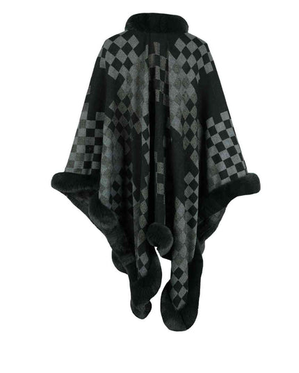 Checkered Faux Fur Trim Poncho