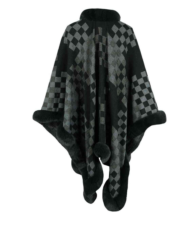 Checkered Faux Fur Trim Poncho