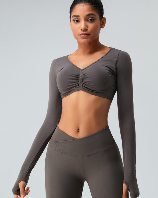 Ruched V-Neck Long Sleeve Active T-Shirt