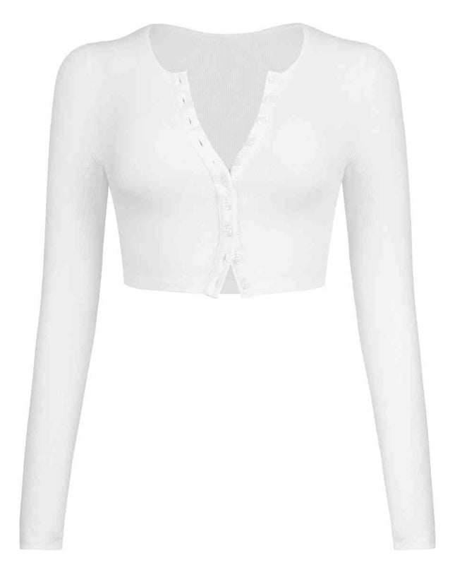 Double Take Button Down Long Sleeve Cropped Top