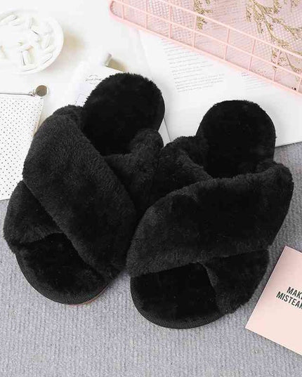 Faux Fur Crisscross Strap Slippers